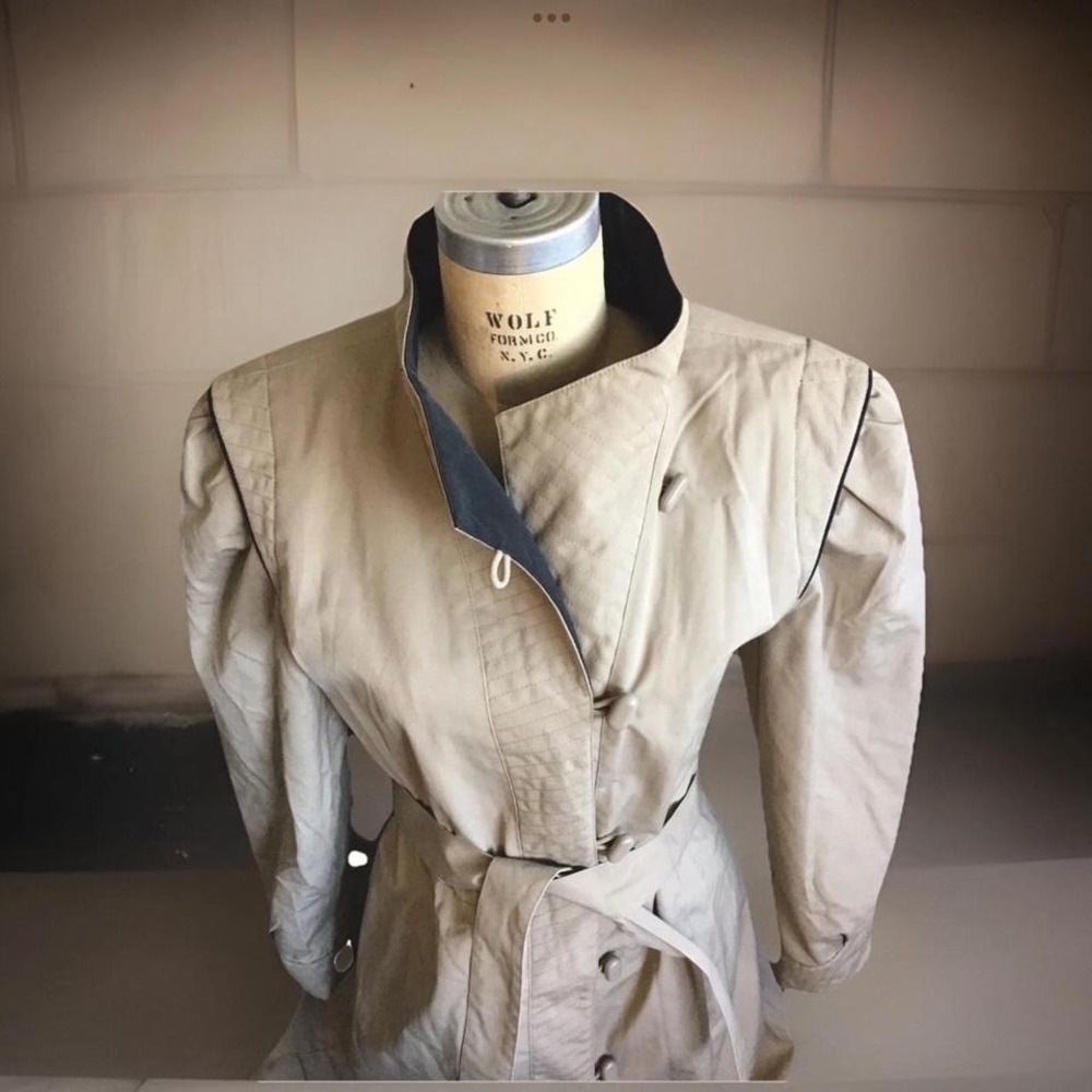 Vintage 80s Funnel Neck Trench Coat By‎ Braetan Beige with Black Accents
